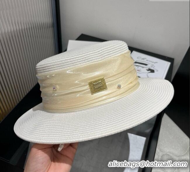 Grade Quality Miu Miu Straw Wide Brim Hat with Shiny Band 0724 White 2025