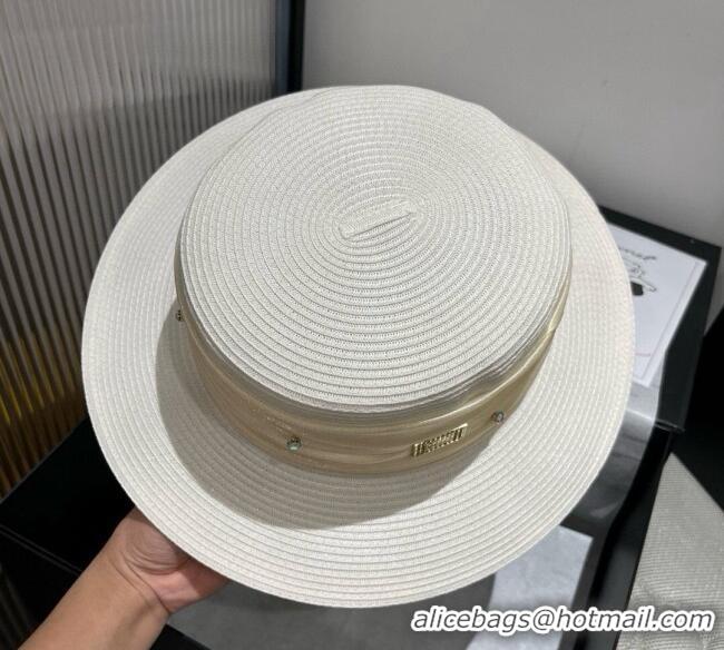 Grade Quality Miu Miu Straw Wide Brim Hat with Shiny Band 0724 White 2025