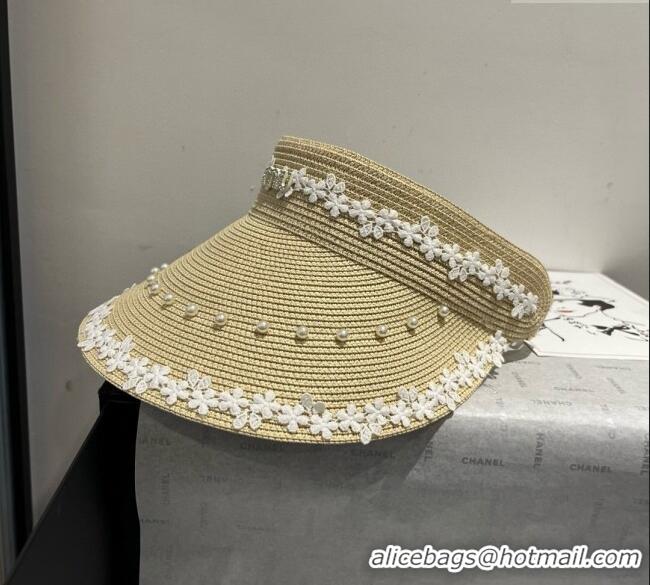 Best Price Miu Miu Straw Visor Hat with Flower and Pearls 4075 Beige 2025