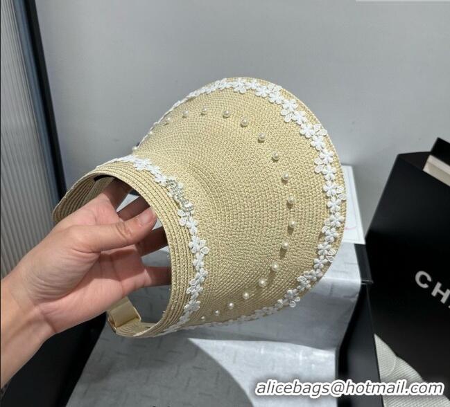 Best Price Miu Miu Straw Visor Hat with Flower and Pearls 4075 Beige 2025