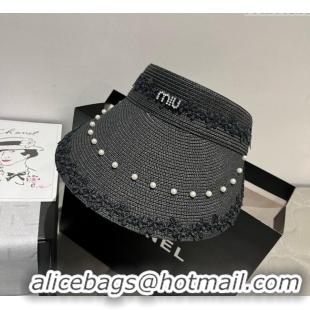 Spot Bulk Miu Miu Straw Visor Hat with Flower and Pearls 4075 Black 2025