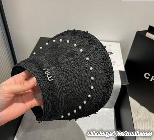 Spot Bulk Miu Miu Straw Visor Hat with Flower and Pearls 4075 Black 2025