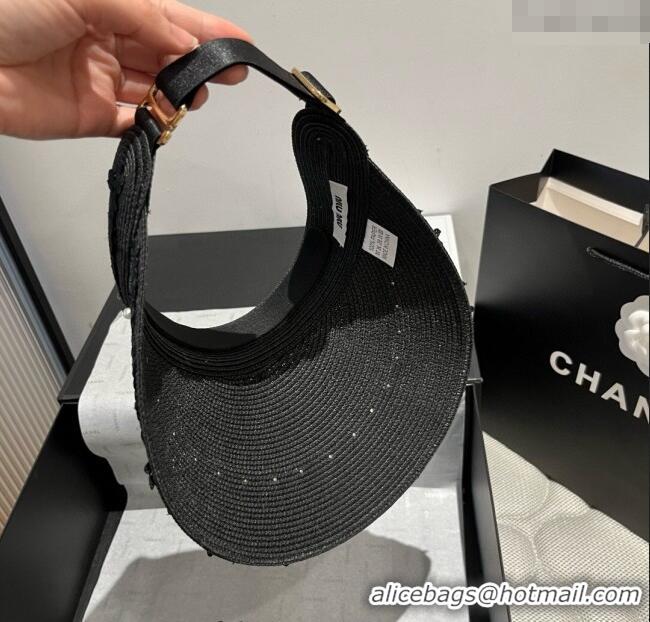Spot Bulk Miu Miu Straw Visor Hat with Flower and Pearls 4075 Black 2025