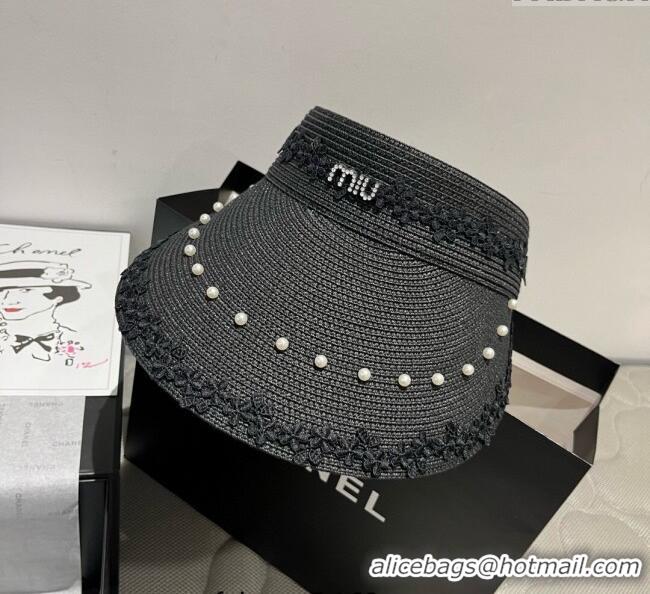 Spot Bulk Miu Miu Straw Visor Hat with Flower and Pearls 4075 Black 2025
