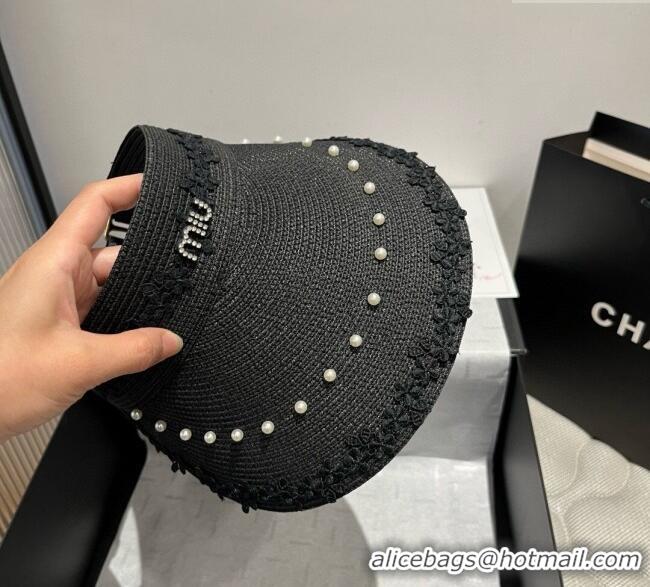 Spot Bulk Miu Miu Straw Visor Hat with Flower and Pearls 4075 Black 2025