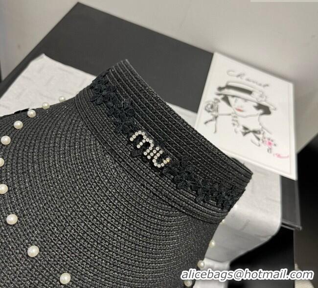Spot Bulk Miu Miu Straw Visor Hat with Flower and Pearls 4075 Black 2025