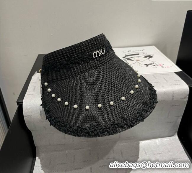 Spot Bulk Miu Miu Straw Visor Hat with Flower and Pearls 4075 Black 2025