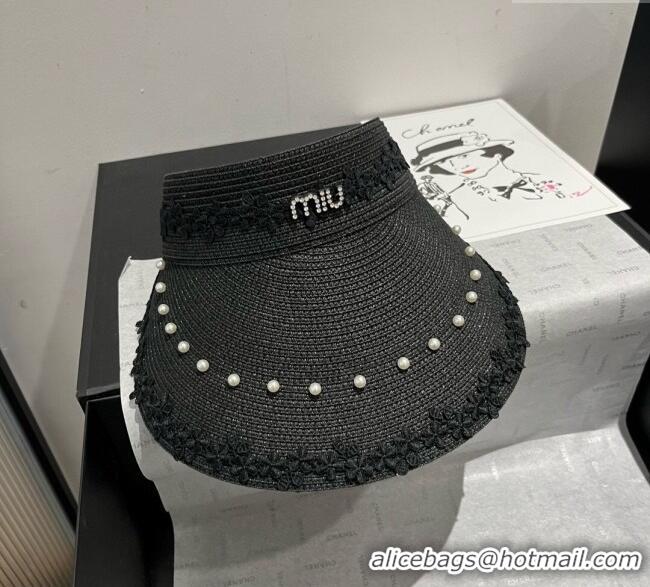 Spot Bulk Miu Miu Straw Visor Hat with Flower and Pearls 4075 Black 2025