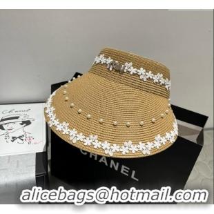 Grade Quality Miu Miu Straw Visor Hat with Flower and Pearls 4075 Khaki 2025