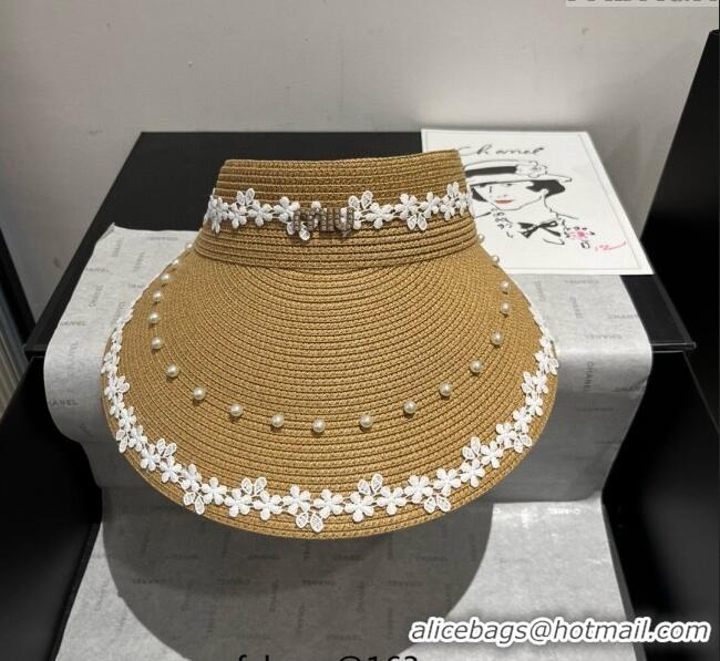 Grade Quality Miu Miu Straw Visor Hat with Flower and Pearls 4075 Khaki 2025