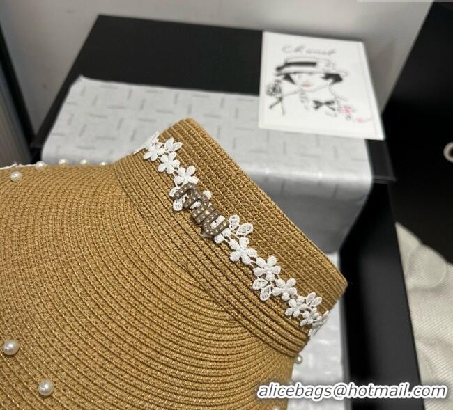 Grade Quality Miu Miu Straw Visor Hat with Flower and Pearls 4075 Khaki 2025