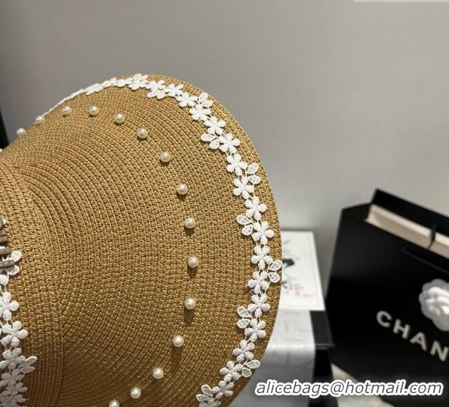 Grade Quality Miu Miu Straw Visor Hat with Flower and Pearls 4075 Khaki 2025