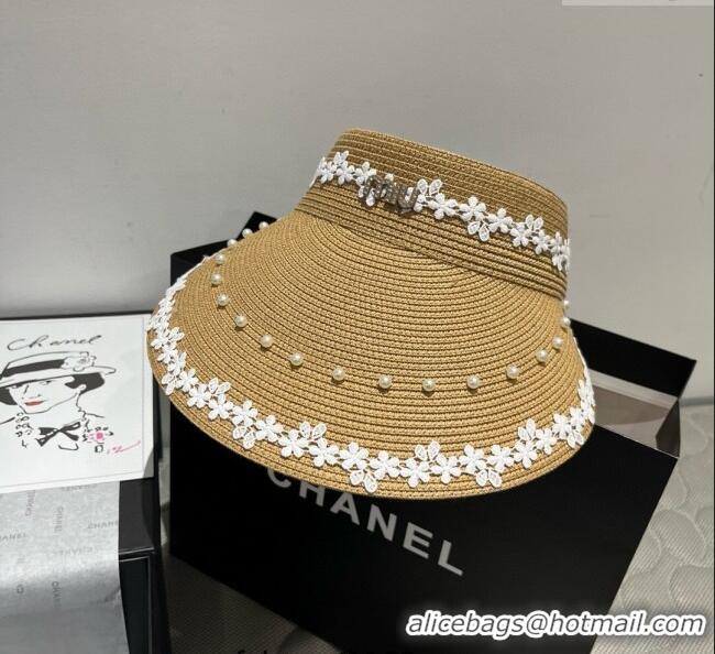 Grade Quality Miu Miu Straw Visor Hat with Flower and Pearls 4075 Khaki 2025