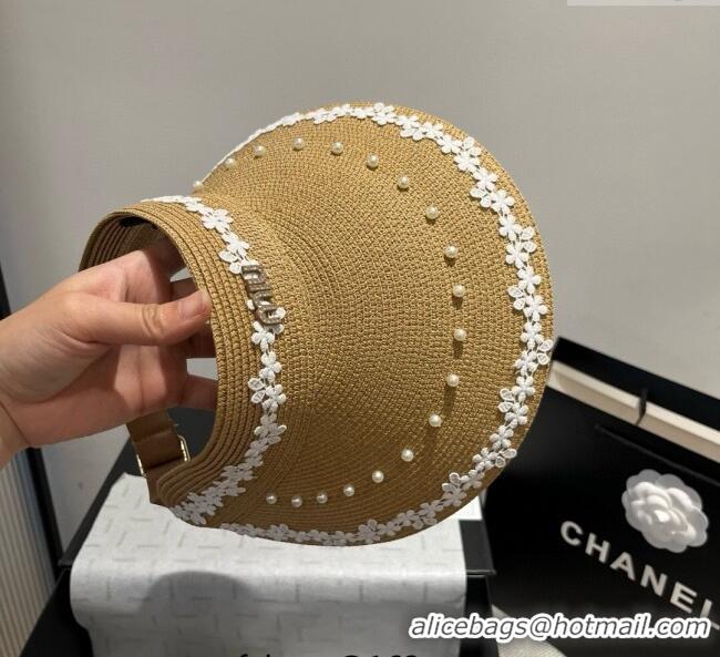 Grade Quality Miu Miu Straw Visor Hat with Flower and Pearls 4075 Khaki 2025