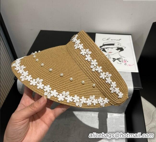 Grade Quality Miu Miu Straw Visor Hat with Flower and Pearls 4075 Khaki 2025