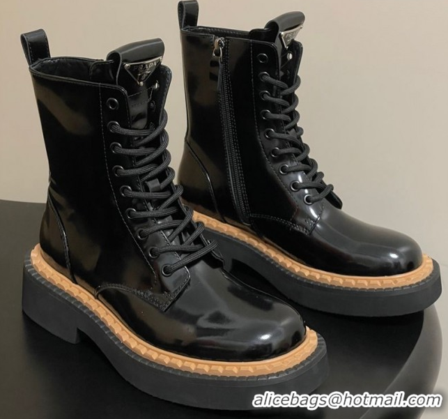 Good Product Prada Brushed Leather Laced-up Ankle Boots Black 2025 PR082510