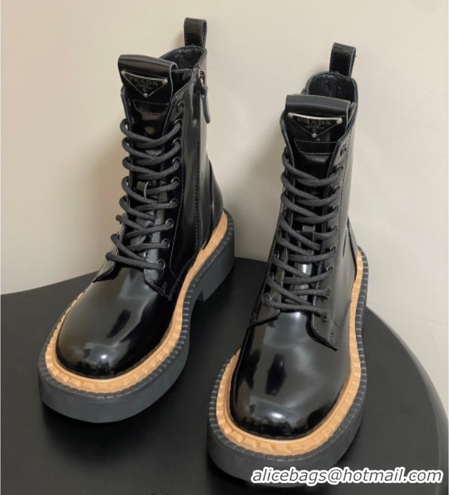 Good Product Prada Brushed Leather Laced-up Ankle Boots Black 2025 PR082510