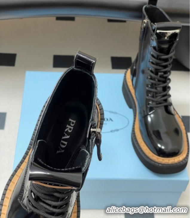 Good Product Prada Brushed Leather Laced-up Ankle Boots Black 2025 PR082510
