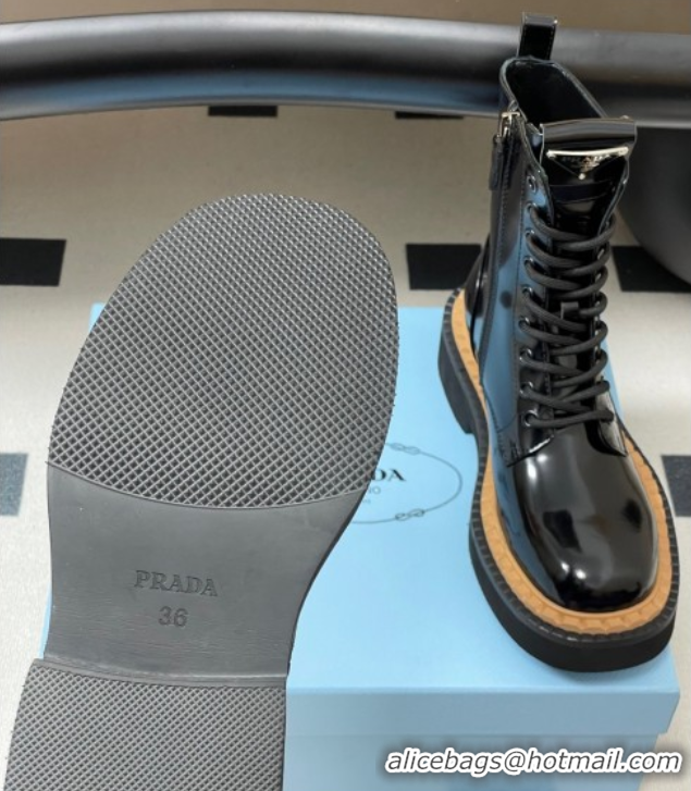Good Product Prada Brushed Leather Laced-up Ankle Boots Black 2025 PR082510