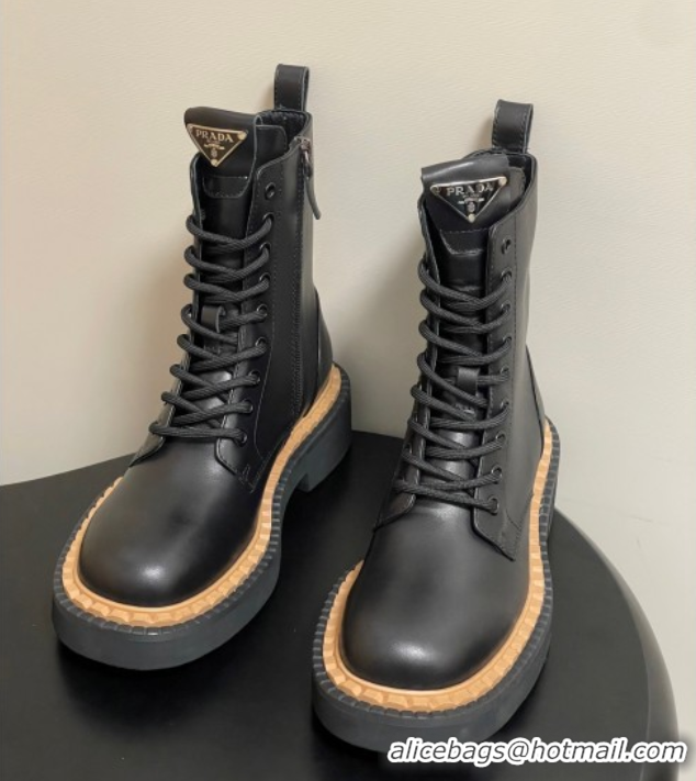 Inexpensive Prada Calf Leather Laced-up Ankle Boots Black 2025 PR082510