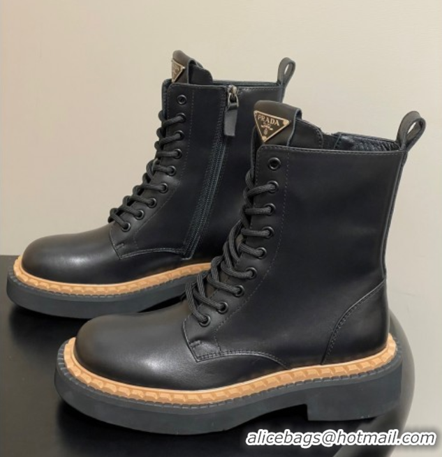 Inexpensive Prada Calf Leather Laced-up Ankle Boots Black 2025 PR082510