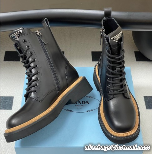 Inexpensive Prada Calf Leather Laced-up Ankle Boots Black 2025 PR082510