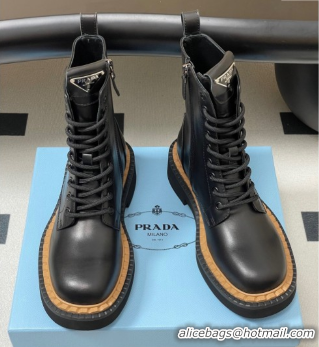 Inexpensive Prada Calf Leather Laced-up Ankle Boots Black 2025 PR082510