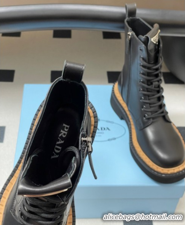 Inexpensive Prada Calf Leather Laced-up Ankle Boots Black 2025 PR082510