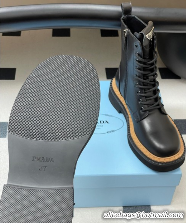 Inexpensive Prada Calf Leather Laced-up Ankle Boots Black 2025 PR082510