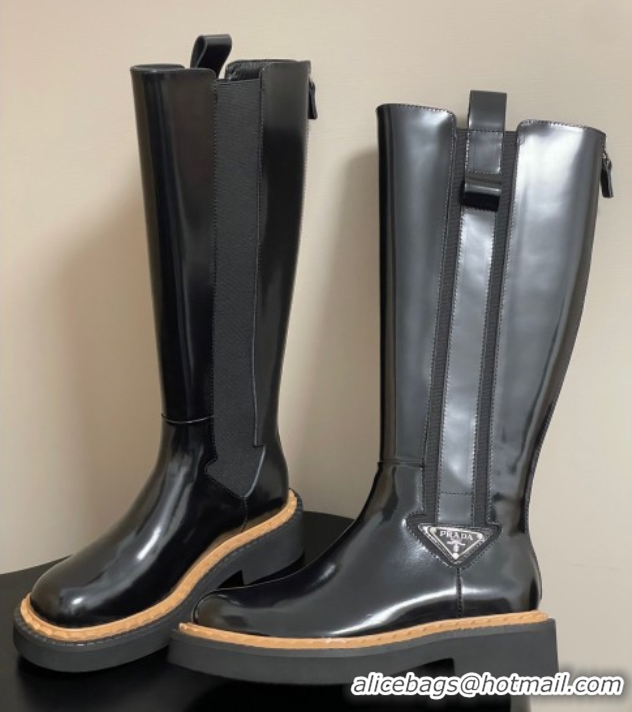Lowest Cost Prada Brushed Leather High Boots Black 2025 PR082511