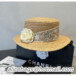 Good Taste Chanel Straw Wide Brim Hat with White Flower 0724 2025