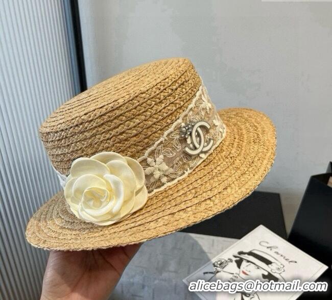 Good Taste Chanel Straw Wide Brim Hat with White Flower 0724 2025