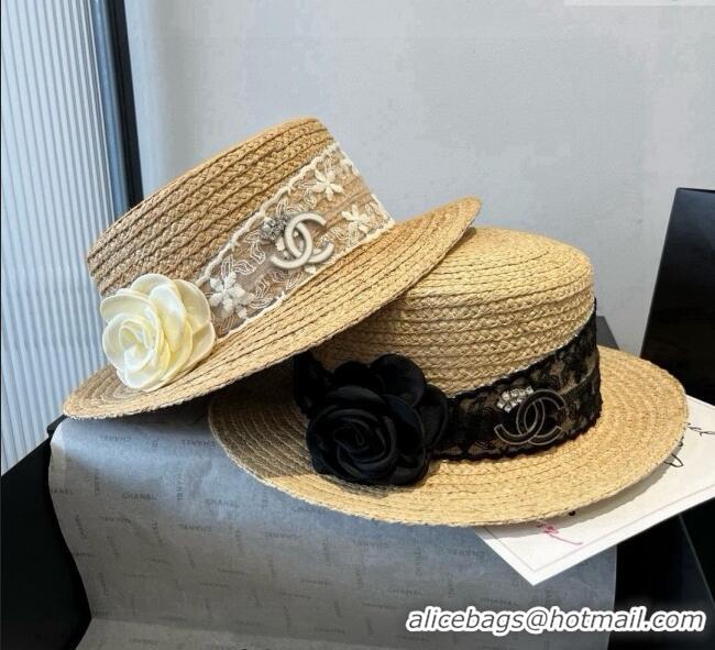 Good Taste Chanel Straw Wide Brim Hat with White Flower 0724 2025