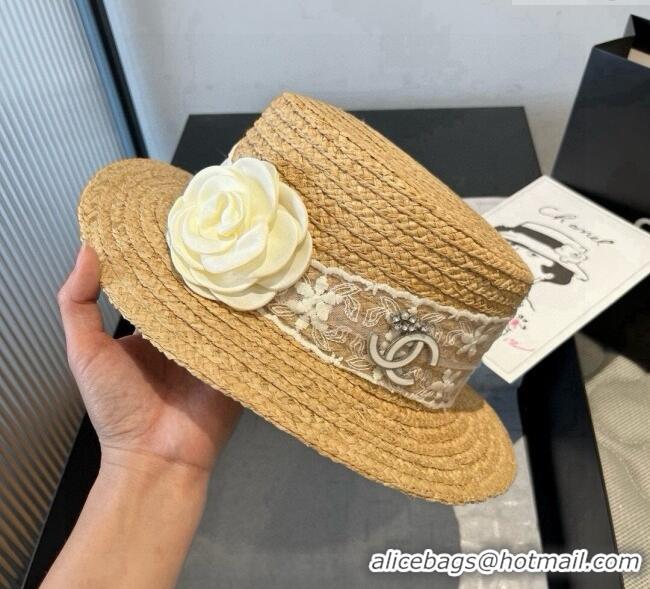Good Taste Chanel Straw Wide Brim Hat with White Flower 0724 2025