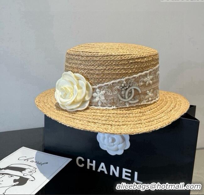 Good Taste Chanel Straw Wide Brim Hat with White Flower 0724 2025