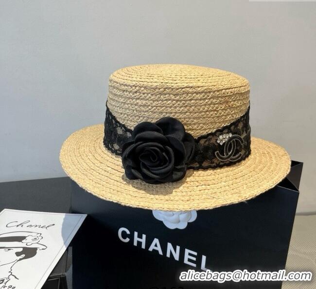 Cheapest Chanel Straw Wide Brim Hat with Black Flower 0724 2025