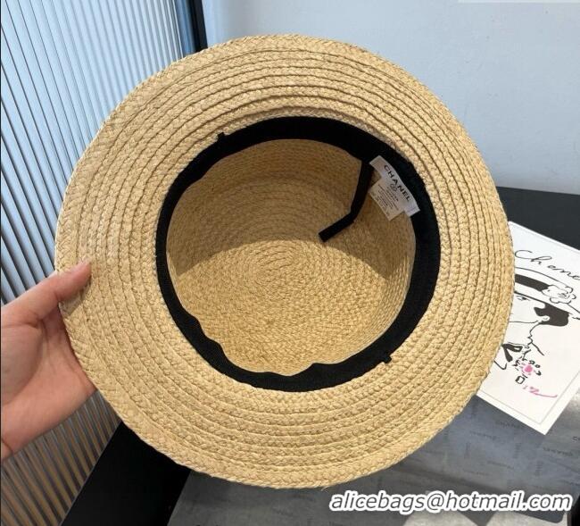 Cheapest Chanel Straw Wide Brim Hat with Black Flower 0724 2025
