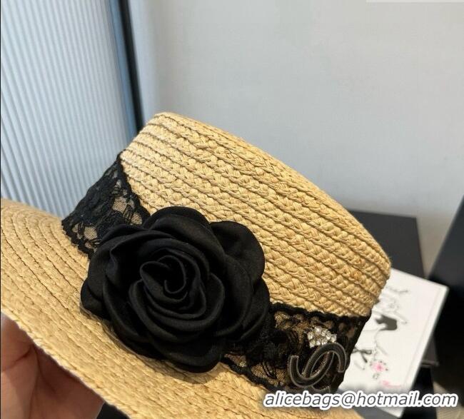 Cheapest Chanel Straw Wide Brim Hat with Black Flower 0724 2025