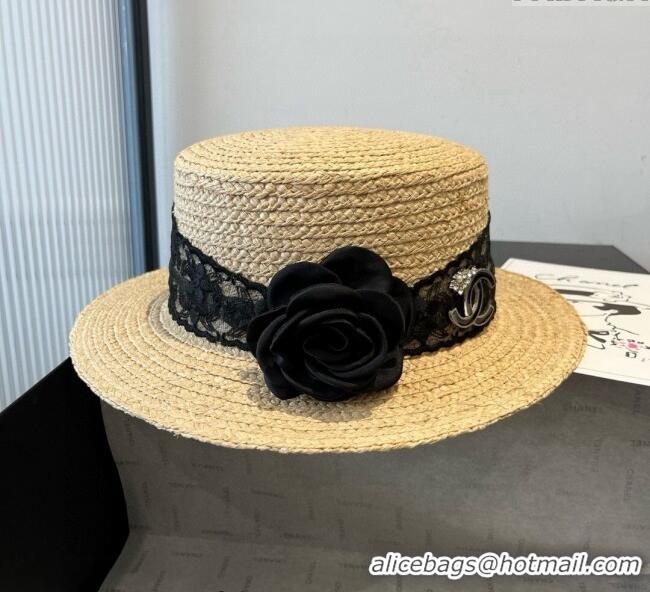 Cheapest Chanel Straw Wide Brim Hat with Black Flower 0724 2025
