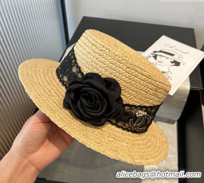 Cheapest Chanel Straw Wide Brim Hat with Black Flower 0724 2025