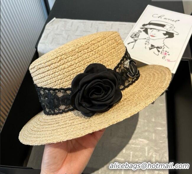 Cheapest Chanel Straw Wide Brim Hat with Black Flower 0724 2025