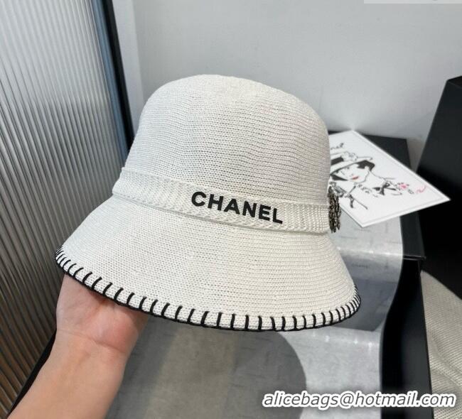 Best Grade Chanel Knit Bucket Hat with Camellia 0724 White 2025