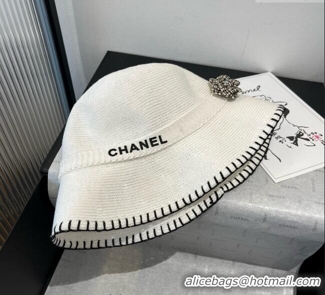 Best Grade Chanel Knit Bucket Hat with Camellia 0724 White 2025