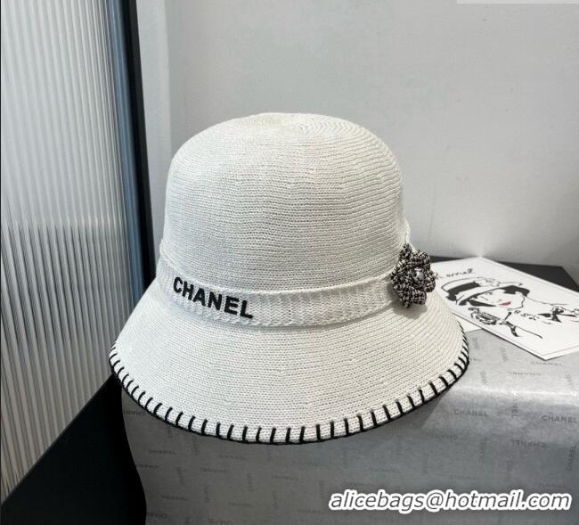 Best Grade Chanel Knit Bucket Hat with Camellia 0724 White 2025