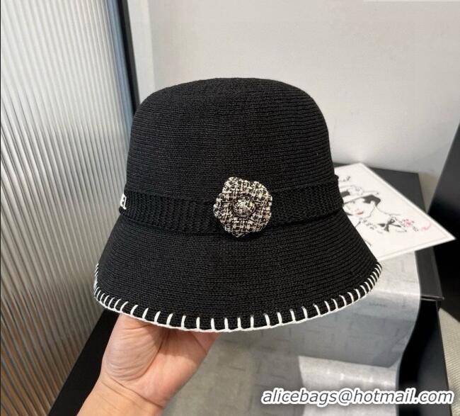 Low Cost Chanel Knit Bucket Hat with Camellia 0724 Black 2025