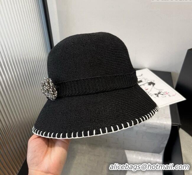 Low Cost Chanel Knit Bucket Hat with Camellia 0724 Black 2025