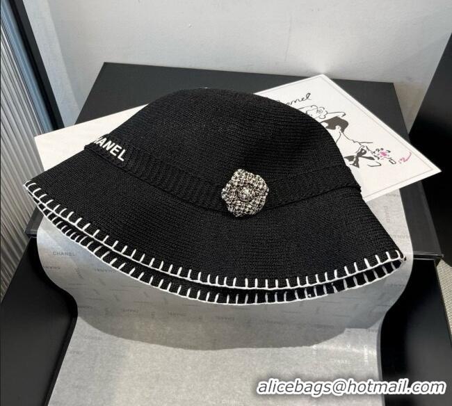 Low Cost Chanel Knit Bucket Hat with Camellia 0724 Black 2025