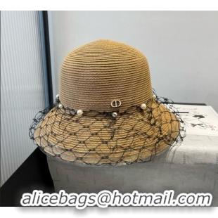Grade Quality Dior Straw Bucket Hat with Pearls Mesh 4081 Khaki 2025