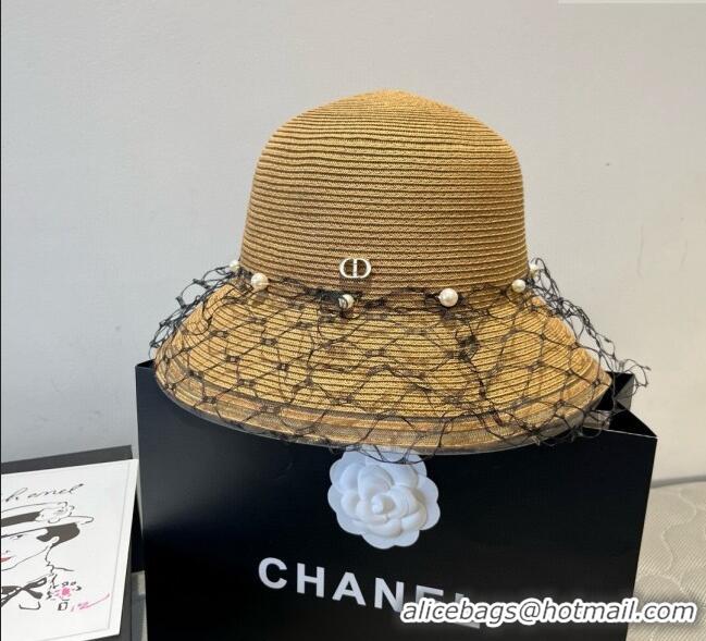 Grade Quality Dior Straw Bucket Hat with Pearls Mesh 4081 Khaki 2025