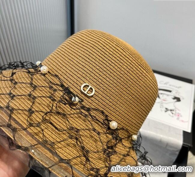 Grade Quality Dior Straw Bucket Hat with Pearls Mesh 4081 Khaki 2025
